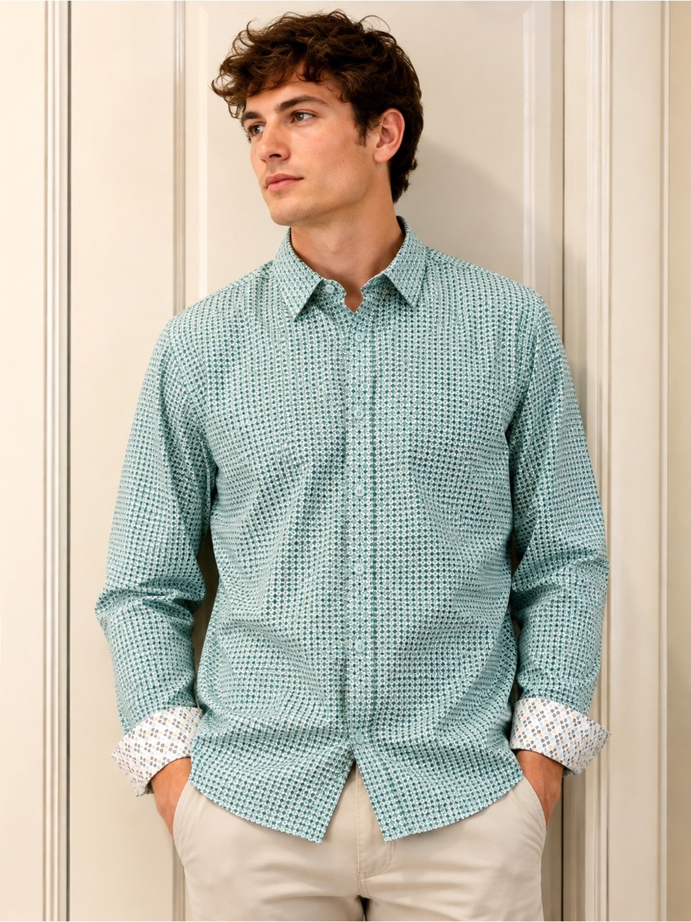 Johnston & Murphy XL, Casual Mint Green Printed Long-Sleeve Button-Down Shirt